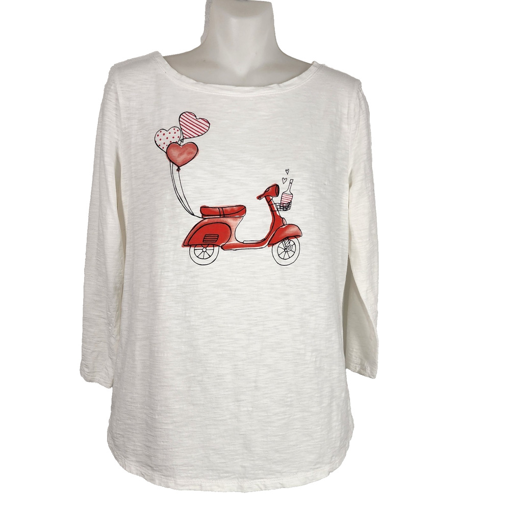 Talbots Women Graphic Tee S White Red Scooter Heart Balloon Slub Knit 3/4 Sleeve